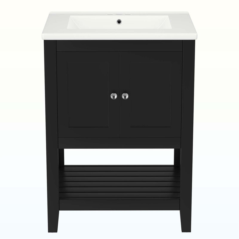 Meuble-lavabo moderne et simple avec lavabo en céramique, Noir, noir, noir, noir, Argent argent