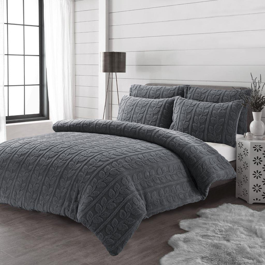 Kampala Hill Leaves Teddy Grey Duvet Cover Set Super King Bedding Set