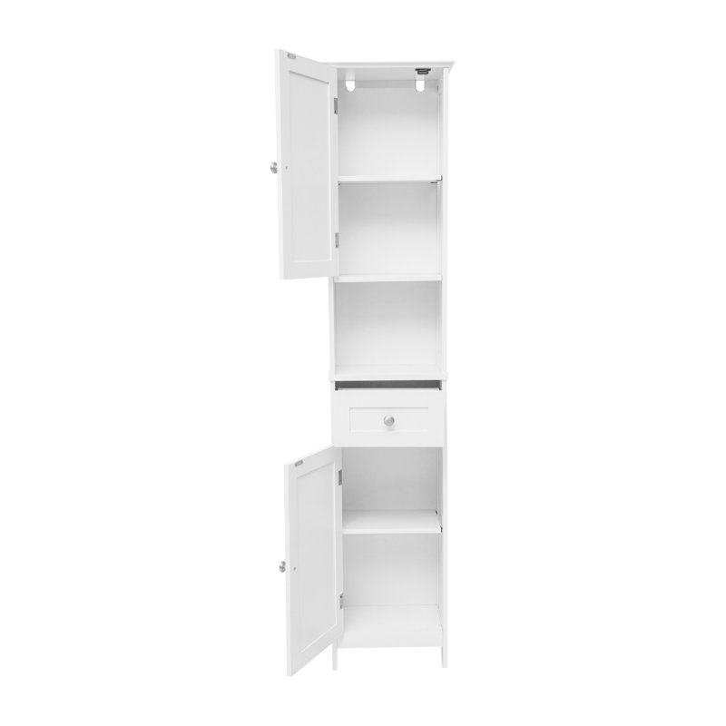 Dune Farmhouse Freestanding Linen Tower with Shelves, Drawer, and Doors, White