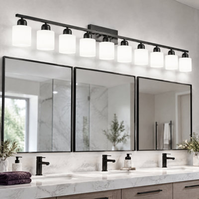 65" 10-Light Black Bathroom Vanity Light with White Shade, Rustproof Wall Sconce