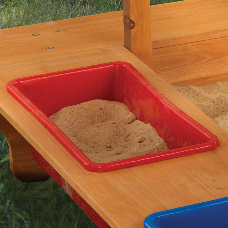 Outdoor Covered Wooden Sandbox with Bins and Striped Navy & White Canopy