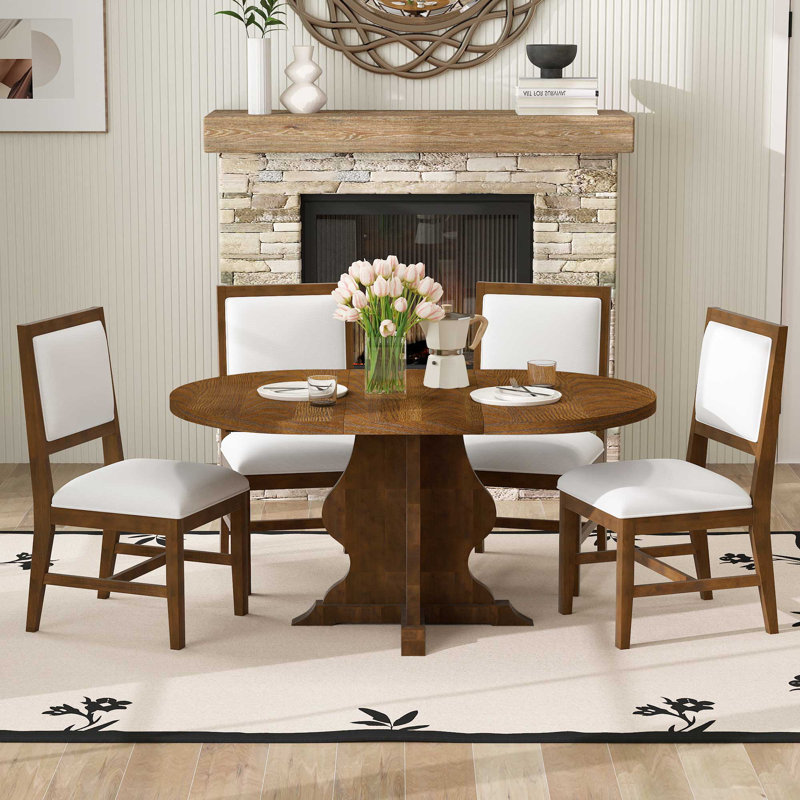 5-Piece Farmhouse Extendable Dining Table Set with 4 Upholstered Chairs, Dining Room Set with 15.7" Leaf, Rustic Kitchen and Living Room Furniture