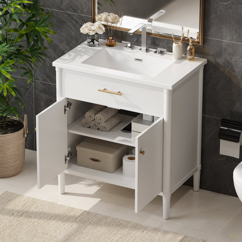 Meuble-lavabo de 30 pouces avec lavabo, armoire de salle de bain avec portes à fermeture en douceur et tablette réglable, conception à profil courbé, pieds en bois d'hévéa