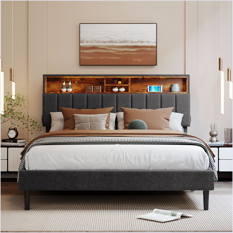 Lit plateforme tapissier avec tête de lit et port USB, Gris, Grand lit