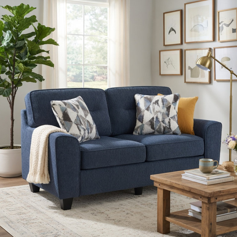 Causeuse Beny avec 2 coussins, accoudoirs, chenille bleue rembourrée de mousse, Bleu