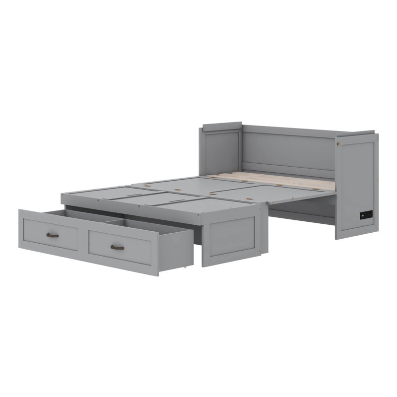 Lit escamotable avec ports USB, tiroirs et poignées en métal, Gris, Double