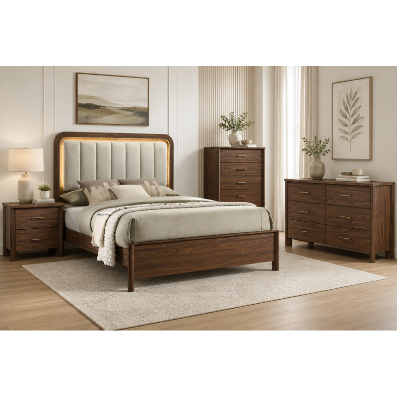 Ensemble de chambre à coucher pour très grand / très grand lit 4 pièces avec lit à DEL (fondation requise), commode, commode et table de chevet USB
