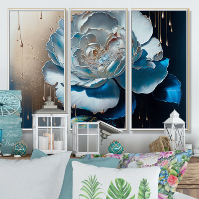 «Vibrant Blue Camellia Flower II», impression sur toile flottante 3 pièces
