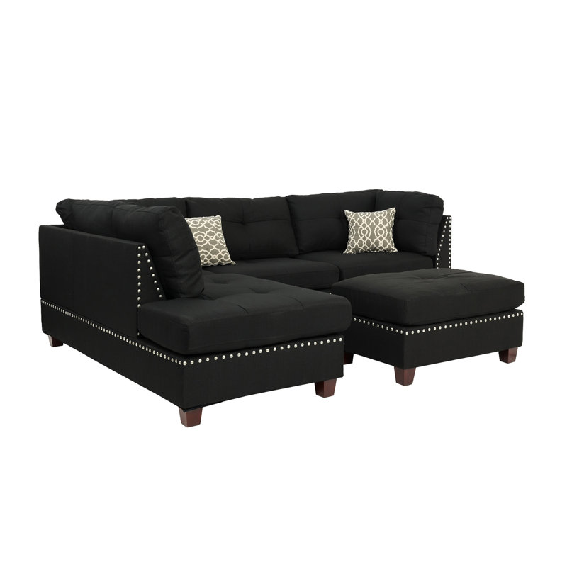 Reversible Polyfiber Sectional Sofa with Ottoman, Black