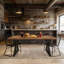 Table de salle à manger Farmhouse avec plateau brun rétro et base en tréteaux noirs-973981437