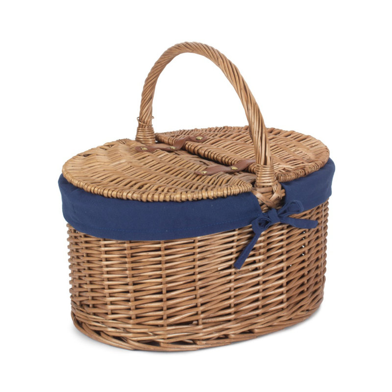 Wicker Lidded Picnic Hamper Basket with Lining, Double Steamed/Navy Blue