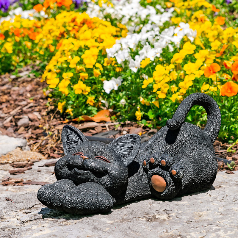 Statue de jardin chat fantaisiste et souriant, Noir