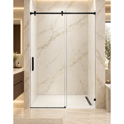 Porte de douche coulissante simple sans cadre de 56 à 60 po x H 76 po avec verre trempé transparent noir mat de 8 mm