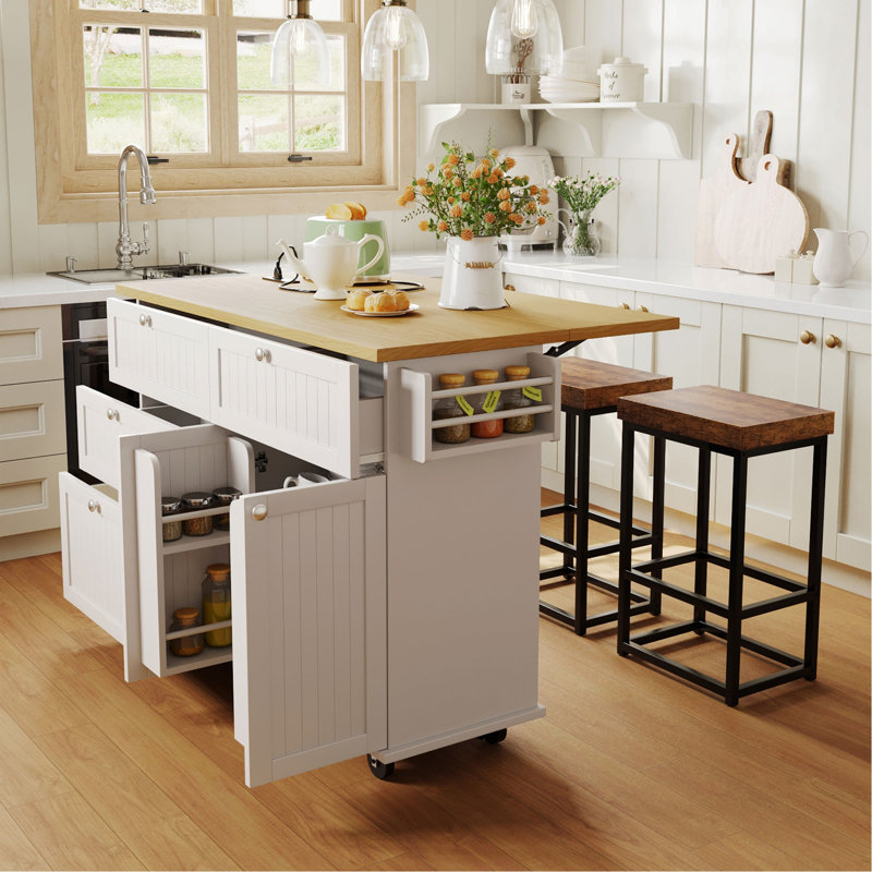 [Product Display Video Available] Farmhouse Kitchen Island With Drop Leaf And 2 Seatings, Kitchen Table Set With Storage Cabinet, Drawers, Door Shelves And Power Outlet, White