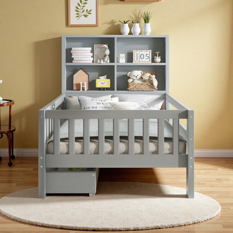 Lit plateforme simple avec tiroirs de rangement, tablettes et tête de lit, Gris