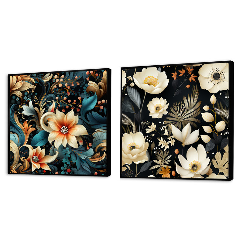 Witham - Ensemble de 2 collages floraux et botaniques carrés, Cadre flottant noir, H 16 po x l 33 po