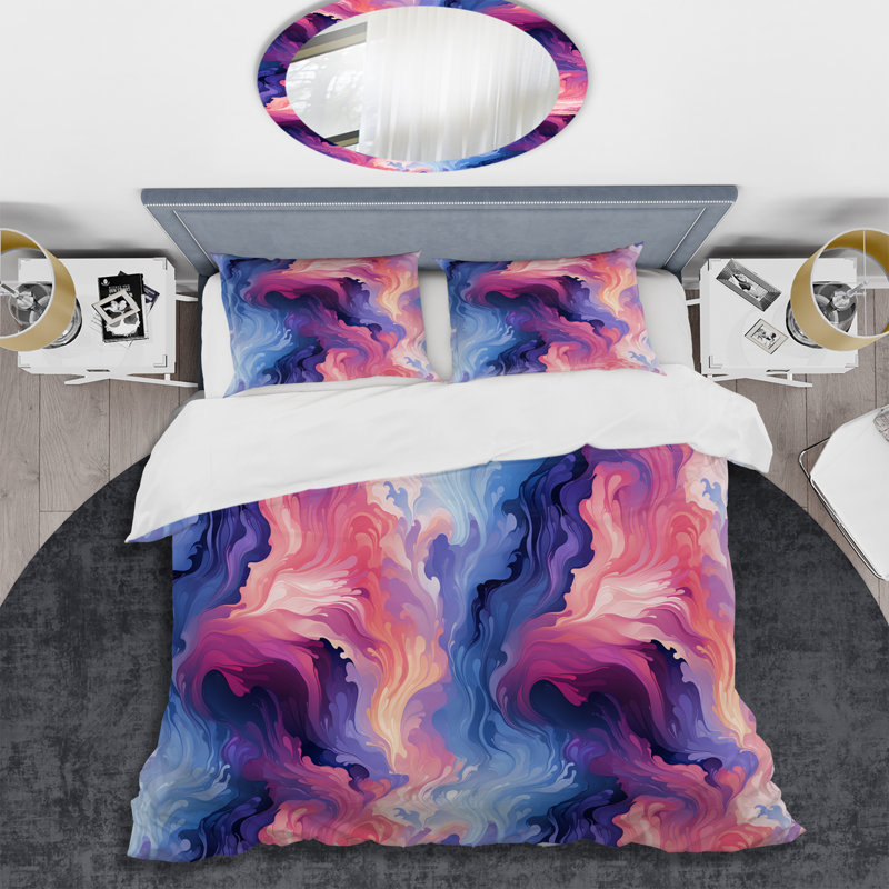 Ensemble de housse de couette Ikat Mirage Harmony mauve et rose, Housse de couette pour très grand lit et 2 très