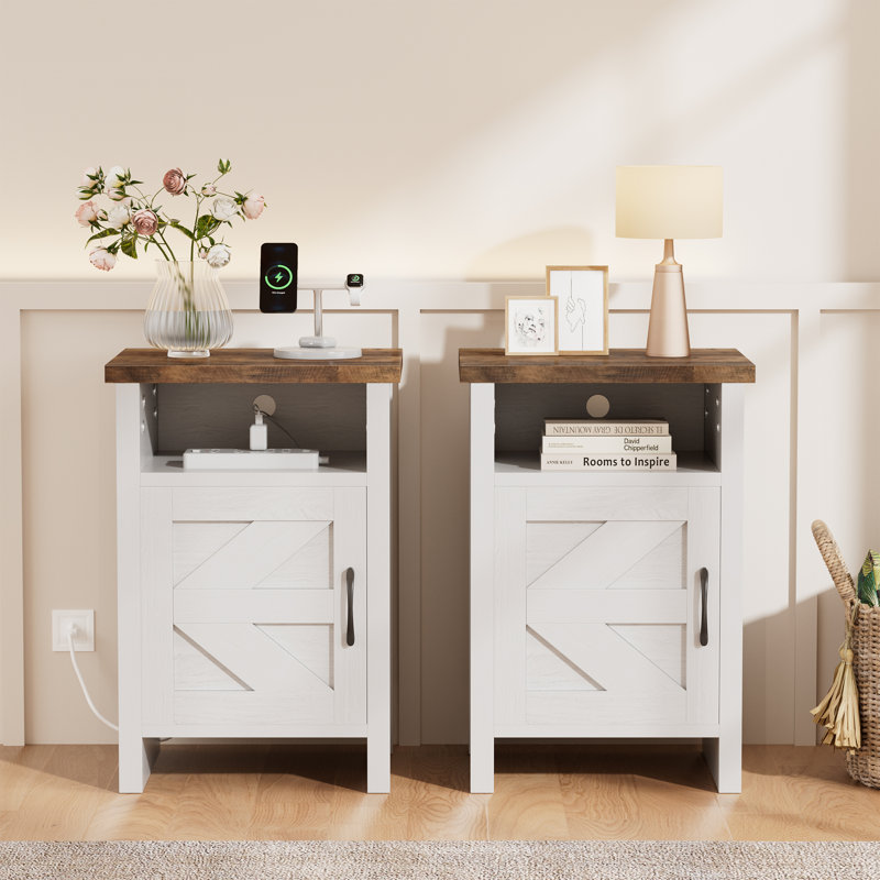 Table de chevet moderne avec tablette et porte de grange Farmhouse (ensemble de 2), Blanc, Ensemble de 2