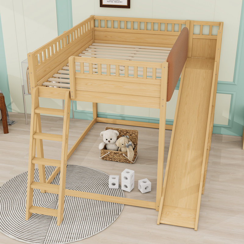 Lit mezzanine en bois avec glissoire, tablettes de rangement et échelles, Complète, Naturel