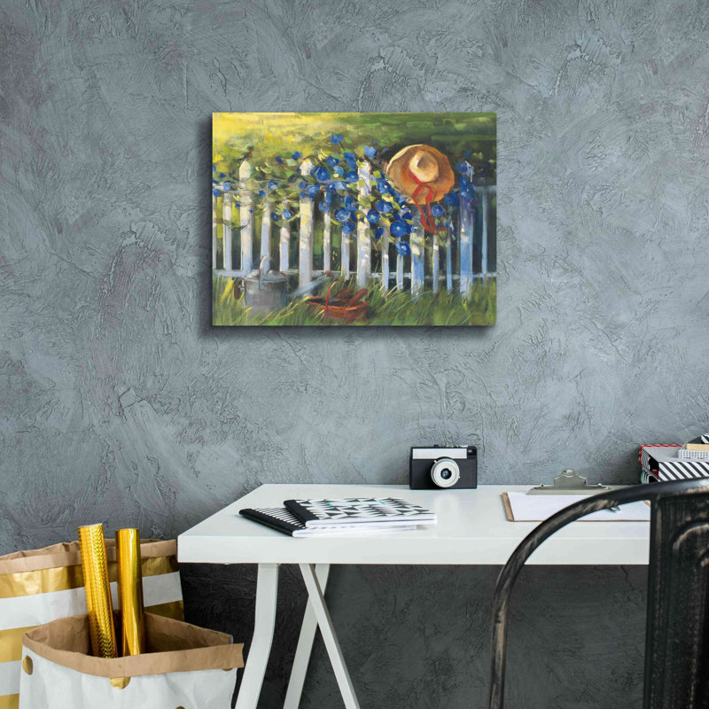 Aaraya Morning Glories On The Fence On Canvas par Carol Rowan, reproduction, H 12 po x l 16 po x P 0,75 po