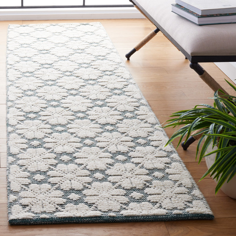 Tapis ivoire / vert en laine tissé à la main Sharene, Tapis de couloir 2 pi 3 po x 8 pi