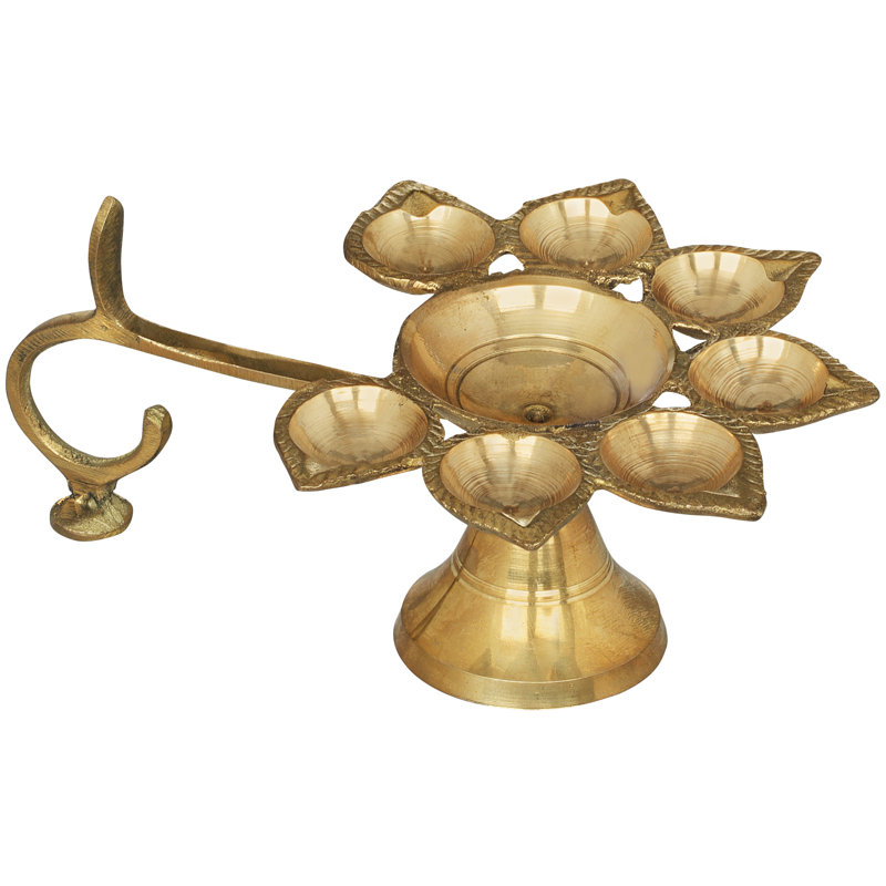 Lampe 9 po en laiton à sept mèches Aarti - offrande traditionnelle rituelle Diya et Puja