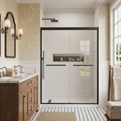 Porte de douche en verre semi-sans cadre coulissante de l 56 à 60 po x H 76 po, verre trempé certifié ANSI et SGCC de 5/16 po (8 mm) avec double revêtement nano, quincaillerie en acier inoxydable et porte-serviettes, noir