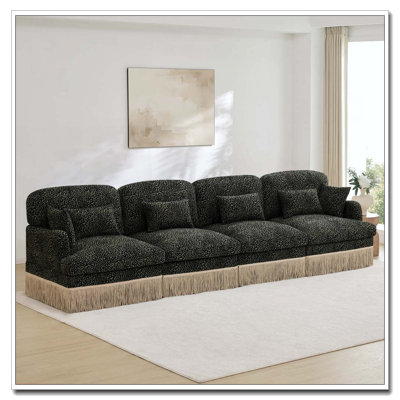 Comfy Chenille Leopard Printing Sofa,Delicate Tassel Edge,Movable Ottomans,Modern Fashion Style