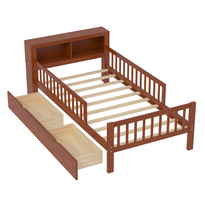 Twin Bed with Headboard Storage, 2 Under-Bed Drawers, and 3-Side Guardrails for Safety,Walnut, Walnut