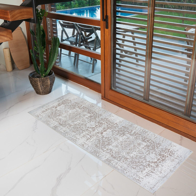 Machine Washable Area Rug With Non Slip Backing Modern Floral Traditional Abstract Beige & Creme Design, Runner 2'2" x 6'