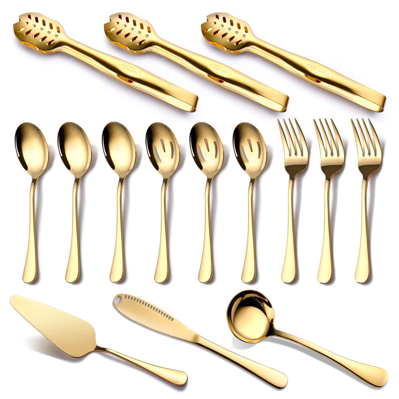 15-Piece Stainless Steel Gold Serving Utensils Set