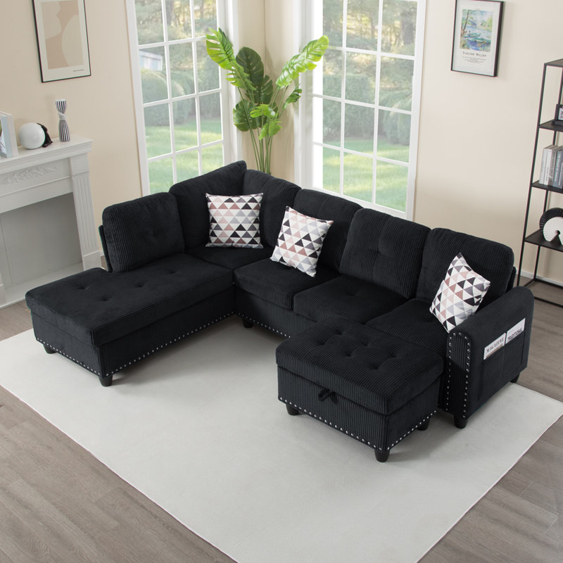 3 - Piece Upholstered Sectional, Black Corduroy