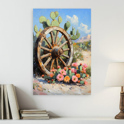 «Wagon Wheel I Peaceful Realic Rustic Cactus Landscape Nature», reproduction d'art murale
