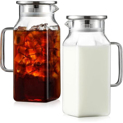 2 Pack  Square Glass Pitcher With Lid And Handle For Fridge, Iced Tea And Coffee Carafe Beverage Serveware, Heat Resistant Borosilicate Water Jug For Hot/Cold Drinks And Milk
