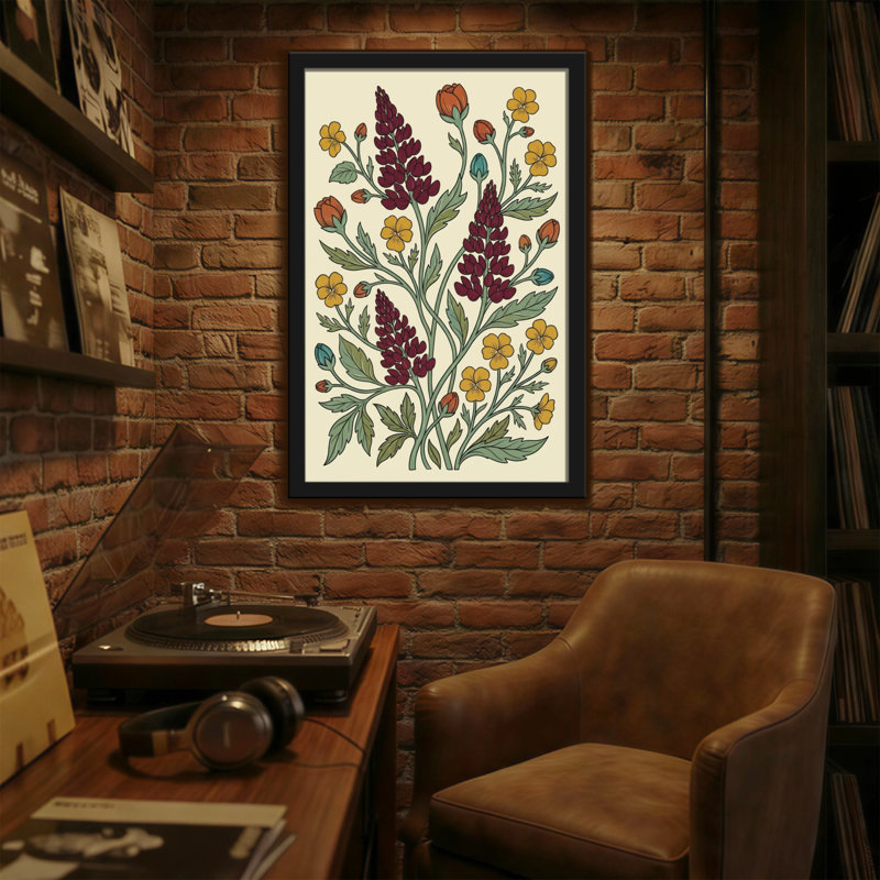 Motif floral de plantes et de fleurs avec des fleurs rouges et jaunes, H 24 po x l 16 po