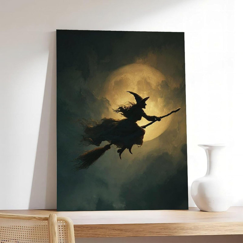 «Salem Witch Flying Wall Art, Halloween, pleine lune, affiche sur toile, impression murale, peintures pour salon, décoration de chambre à coucher, cadre 16 x 24 po