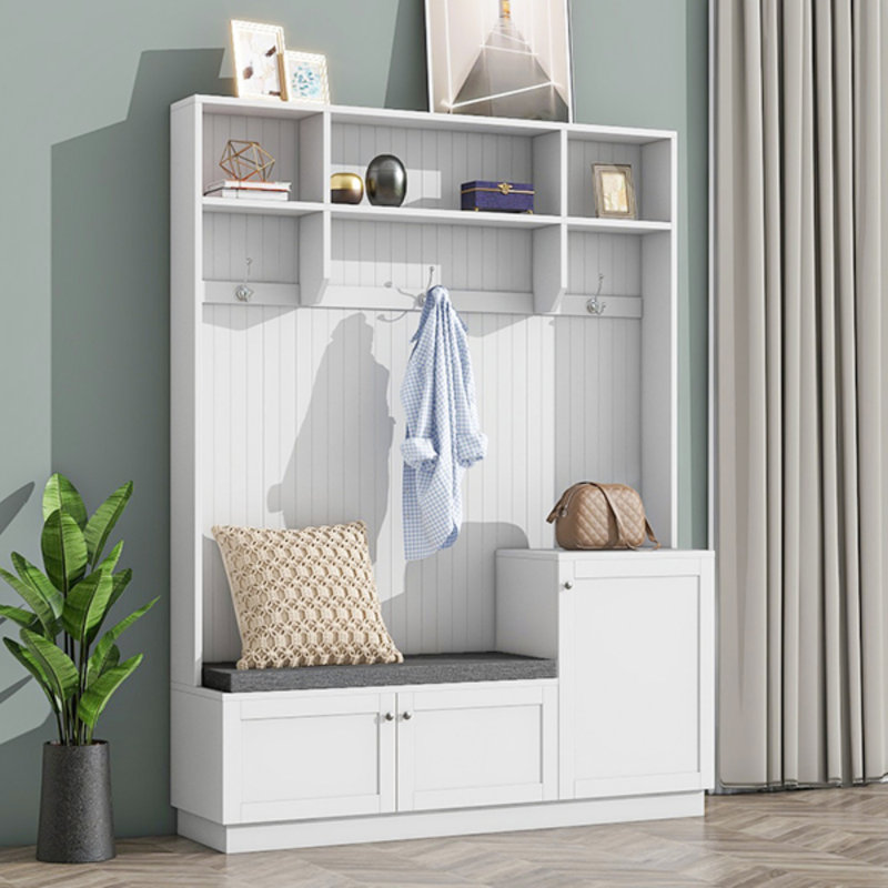 Portemanteau élégant avec solutions de confort et de rangement, armoire à chaussures fonctionnelle avec banc et coussin, portemanteau moderne avec crochets
