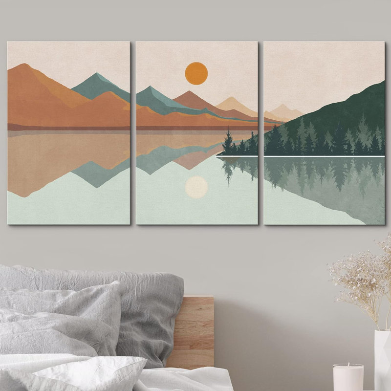 Sun Mountain Landscape " Geometric Mountain Pine Forest " 3 - Pieces, 24" H x 48" W x 1.5" D, Wrapped Canvas