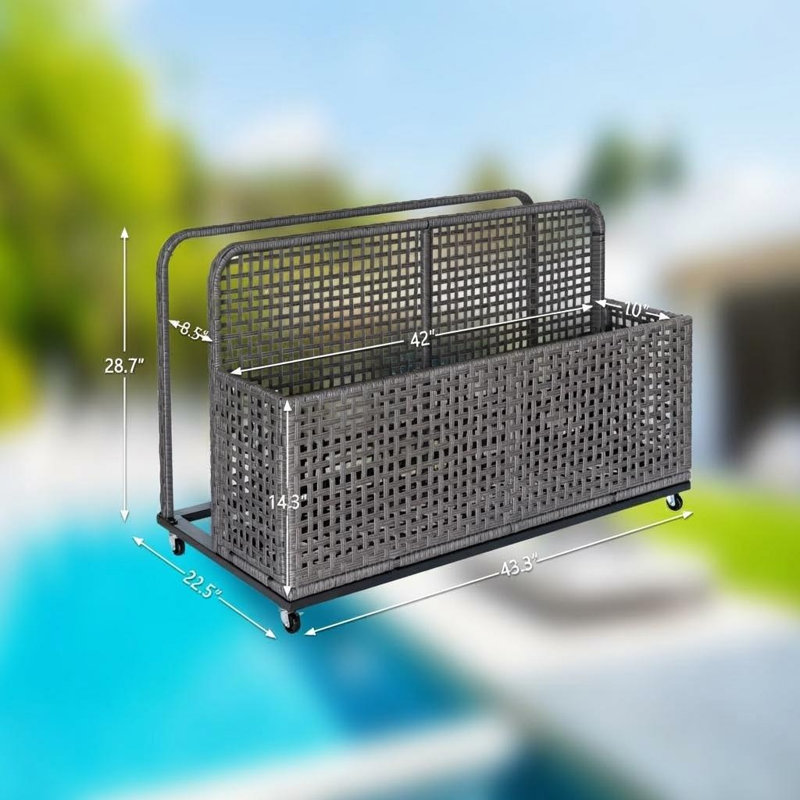Panier de rangement pour piscine en rotin PE de 43 pouces avec roulettes organisateur durable pour piscine, Brun