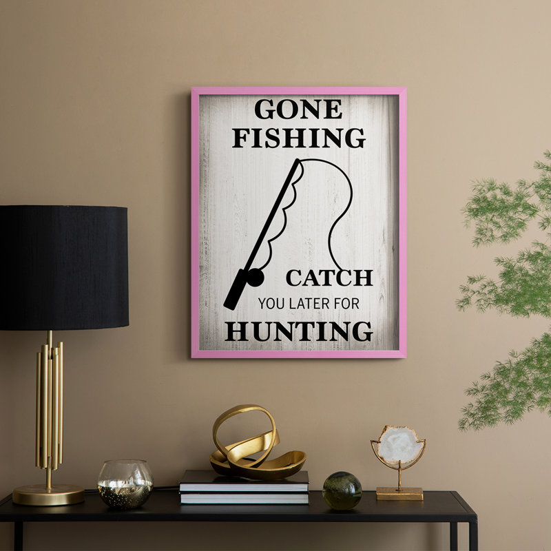 «Gone Fishing», reproduction encadrée - bois massif, H 15 po x l 12 po, Rose