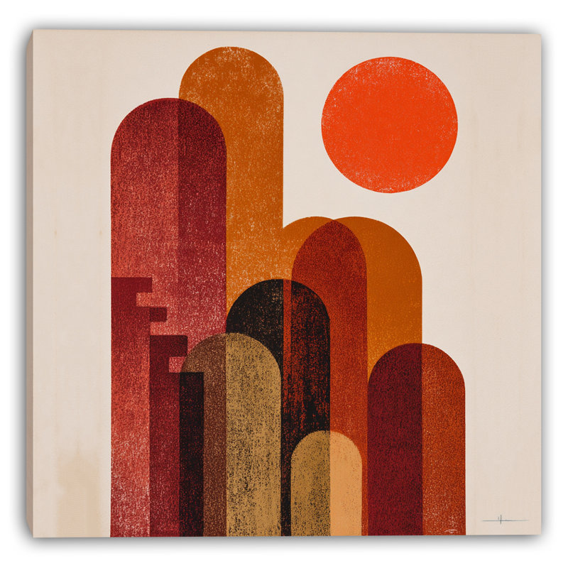 Abstrait géométrique avec soleil levant dans des tons chauds, art mural sur toile, H 30 po x l 30 po