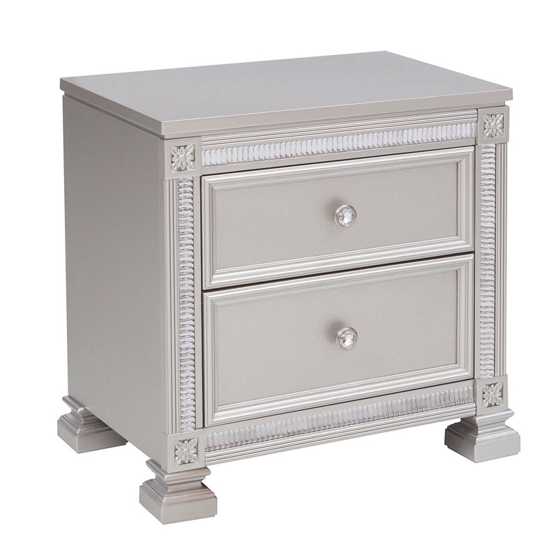Glamour Design moderne 1Pc Table de chevet de 2X tiroirs en faux boutons de cristal Finition argentée