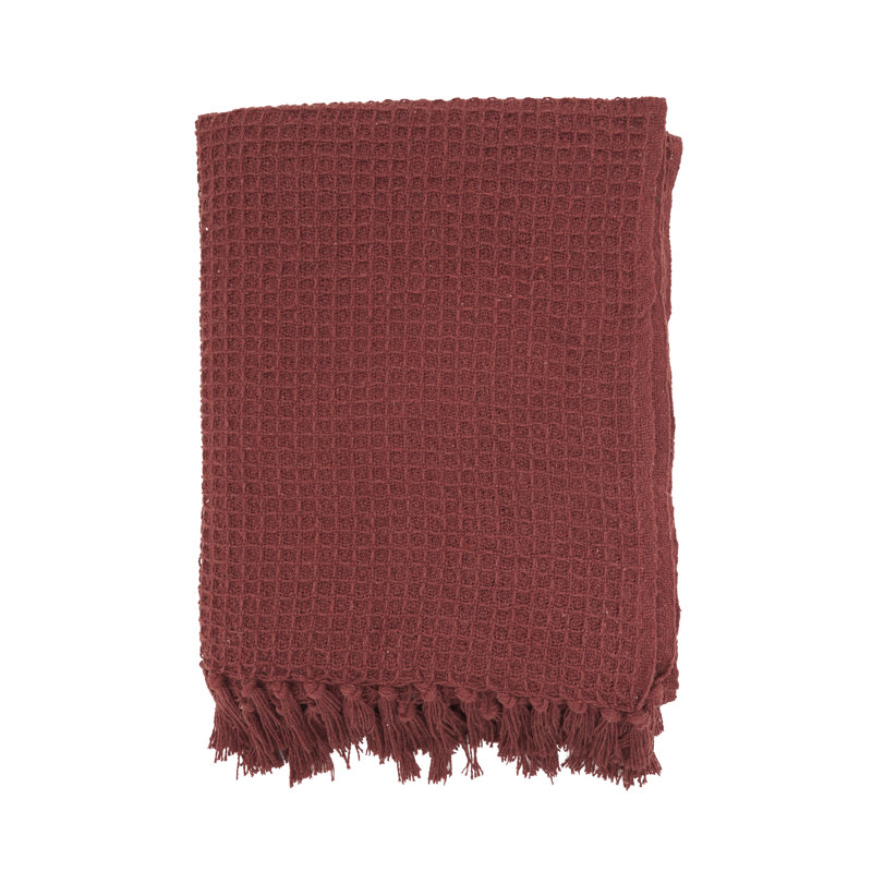 Jeté en coton avec pompons Waffle, Rouge