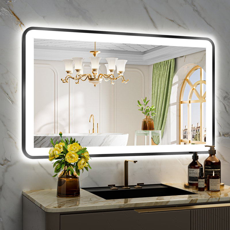 Hyosvany Matte Black Matel Framed LED Vanity Mirror with Front-lit and Back-lit, Memory Function, 3 Color Temperatures, Dimmable Light & Anti-fog Tempered Glass Mirror