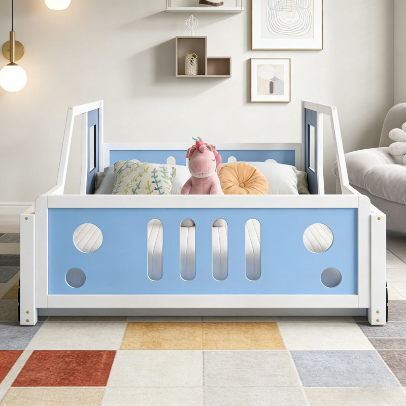 Classic Car-Shaped Platform Bed with Wheels, Blue, Twin