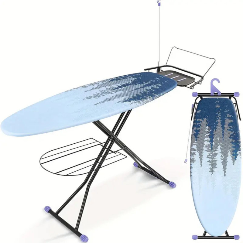 Planche à repasser robuste de 18 po x 51 po à panneau en acier large à hauteur réglable, housse antidérapante, fer à repasser escamotable, économiseur d'espace pliable pour la lessive à la maison, bleu vif
