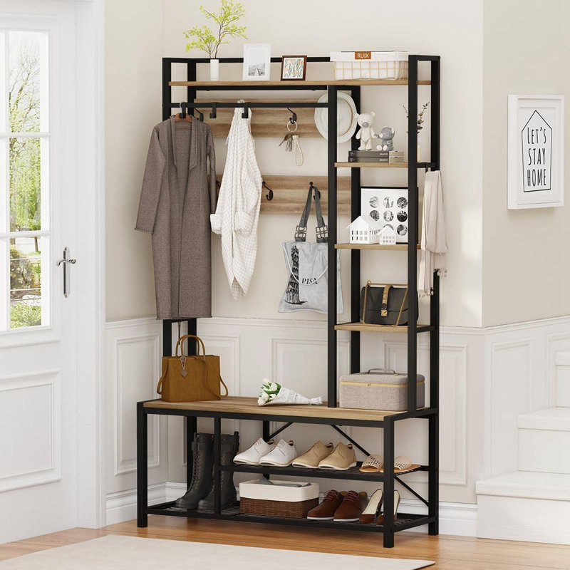 Farmhouse Hall Tree for Entryway, Mudroom Bench with Shoe Storage, Large Coat Rack Shoe Bench