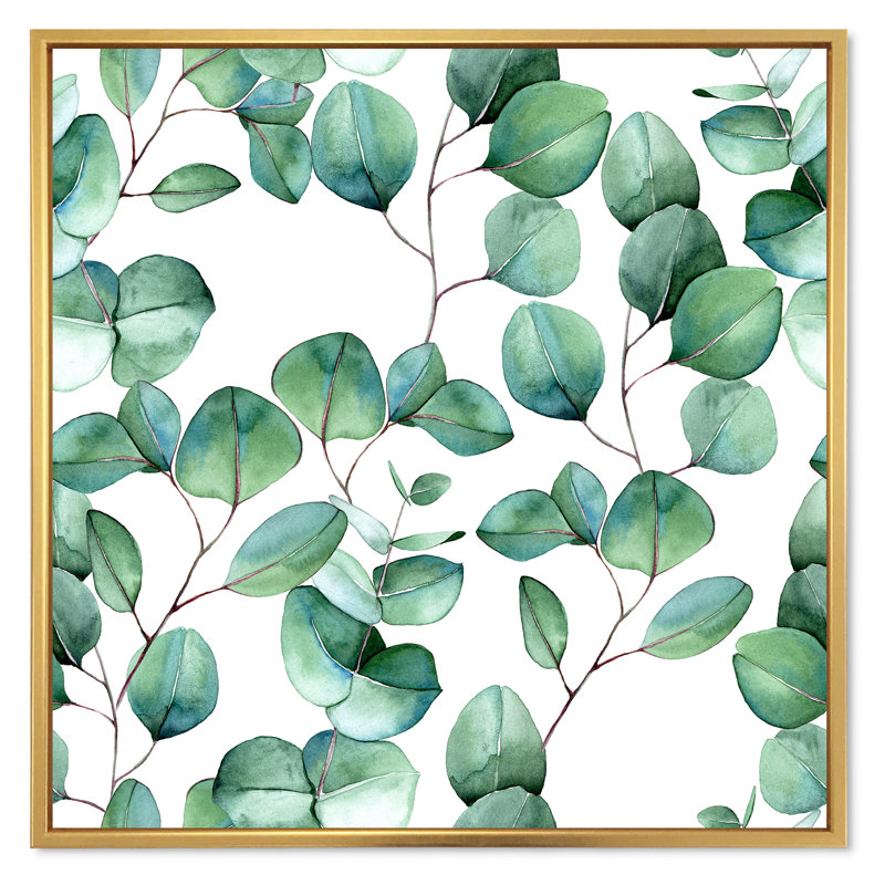 «Eucalyptus Branch On White II», reproduction d'art sur toile tropicale, H 36 po x l 36 po, Cadre flottant doré