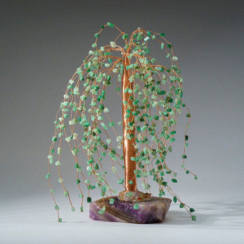 Genuine Green Aventurine Gemstone Willow Tree On Fluorite Base