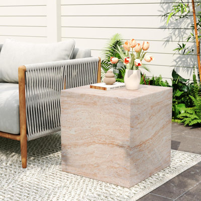 22" Square Outdoor Coffee Table, Modern Patio Table, Lightweight Concrete Side Table End Table, Accent Table for Balcony, Garden, Backyard, Living Room, Garden Stool/Plant Stand, Travertine
